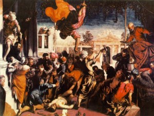 Miracle of the Slave by Tintoretto (c. 1548). The son of a master dyer, Tintoretto used Carmine Red Lake pigment, derived from the cochineal insect, to achieve dramatic color effects (Wikipedia: Pigment)