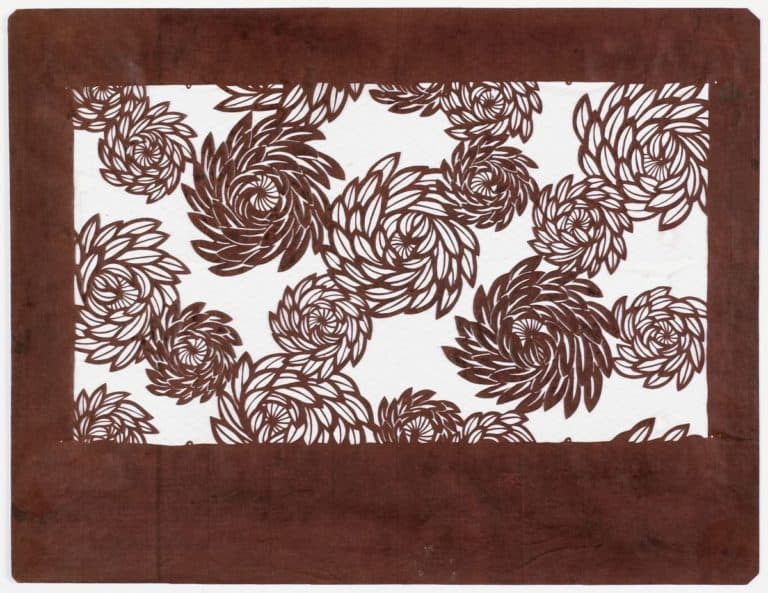 Japanese, Katagami: chrysanthemums, probably Meiji era (1868-1912); mulberry paper treated with persimmon tannin, reinforced with silk thread.